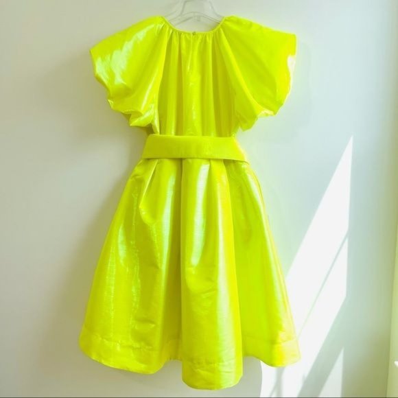 Christopher Rogers Woman Yellow Midi Dress XXS Volume Iridescent Puff Sleeve New - Picture 13 of 17